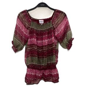 PINKY Y2K Sheer Lined Puff Sleeve Paisley Boho Cottage Frock Top, Maroon- M